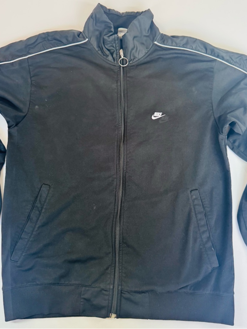 NIKE Men’s Black/Gray LS Full-Zip Track Jacket,White Stripe, Vintage,Gray Tag, L